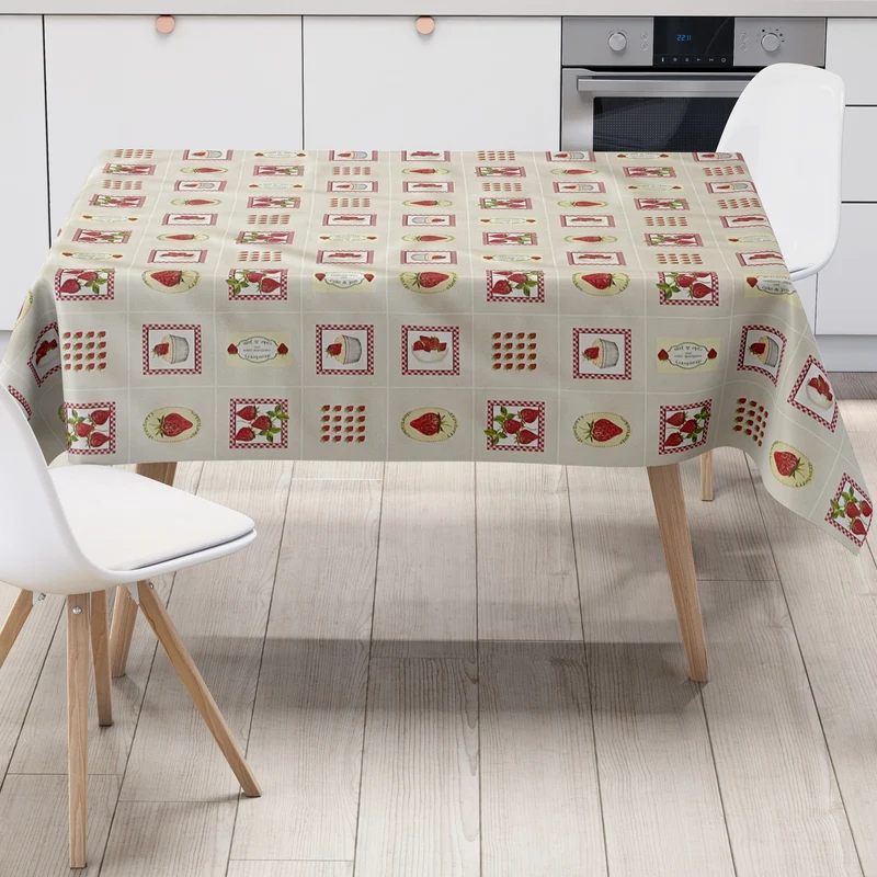 Wachstuch Tischdecke 160 cm Breite Übergröße C17436 Erdbeeren auf Karo beige eckig rund oval