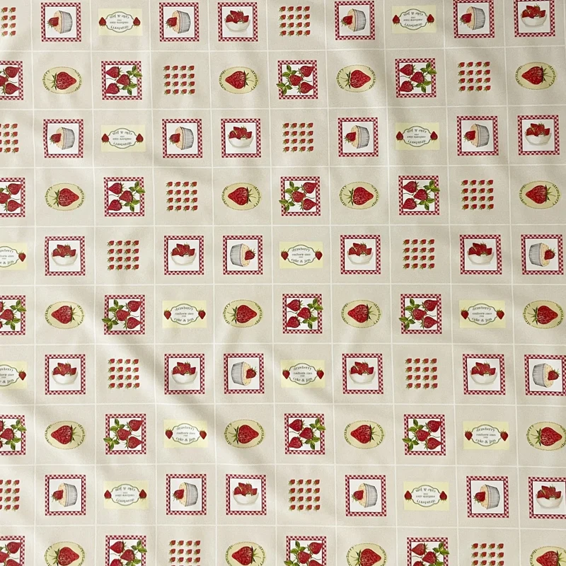 Wachstuch Tischdecke 160 cm Breite Übergröße C17436 Erdbeeren auf Karo beige eckig rund oval