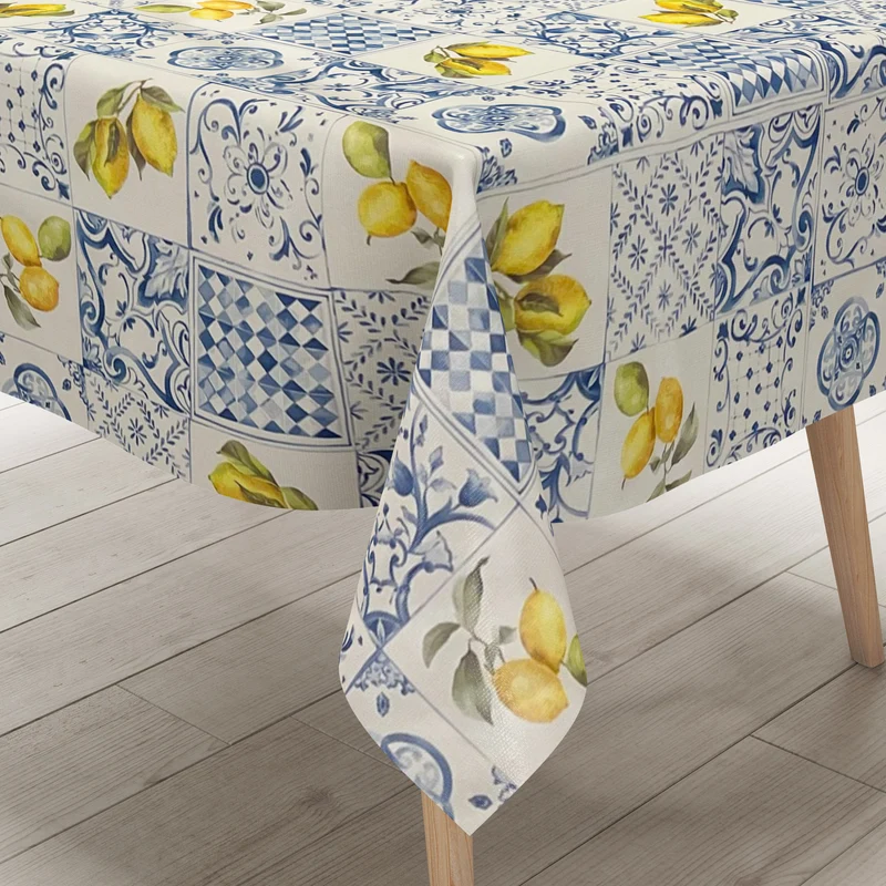 Wachstuch Tischdecke C144701 blaue Fliesen Mosaik Zitronen eckig rund oval