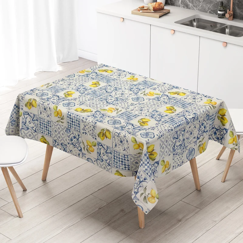 Wachstuch Tischdecke C144701 blaue Fliesen Mosaik Zitronen eckig rund oval
