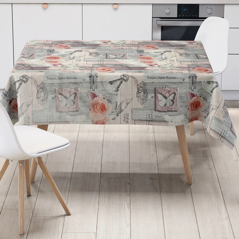 Wachstuch Tischdecke 01375-02 grau rosa Rosen auf Holz Schmetterling Schlüssel eckig rund oval