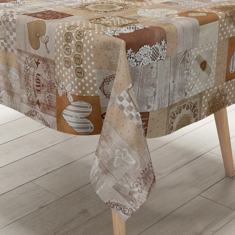 Wachstuch Tischdecke 06134-04 SWEET LOVE Herzen Holz beige braun eckig rund oval