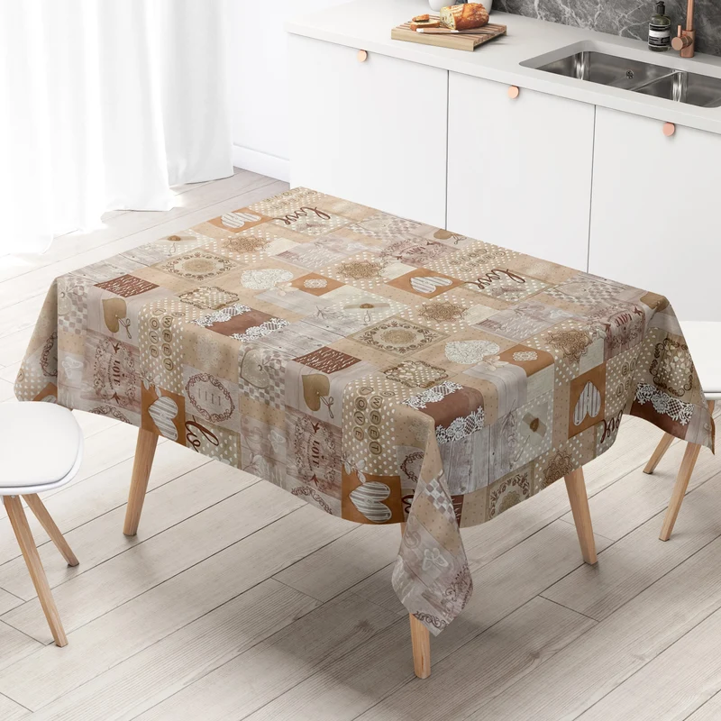 Wachstuch Tischdecke 06134-04 SWEET LOVE Herzen Holz beige braun eckig rund oval