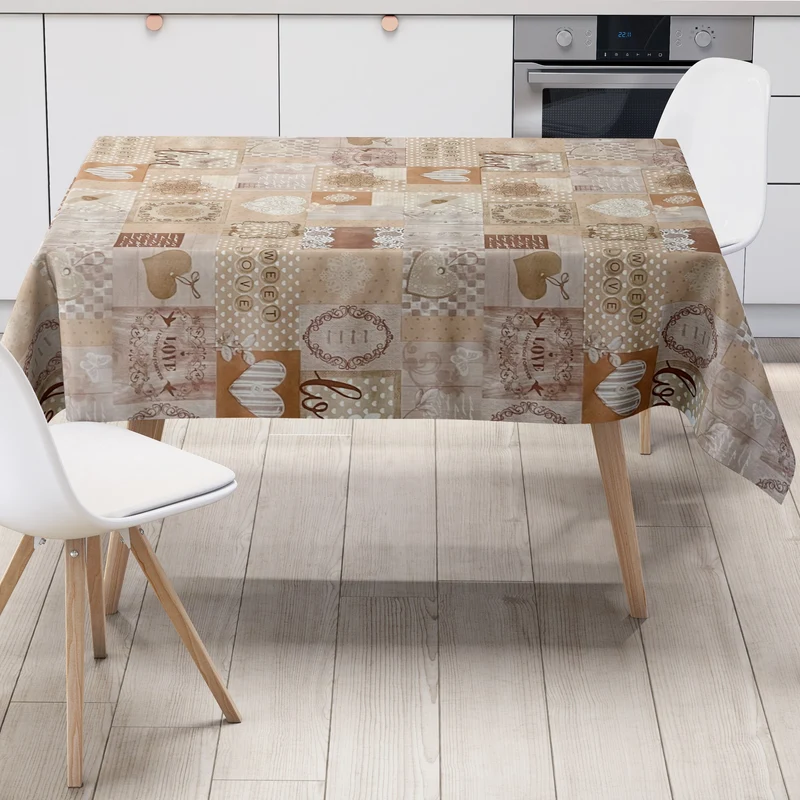 Wachstuch Tischdecke 06134-04 SWEET LOVE Herzen Holz beige braun eckig rund oval