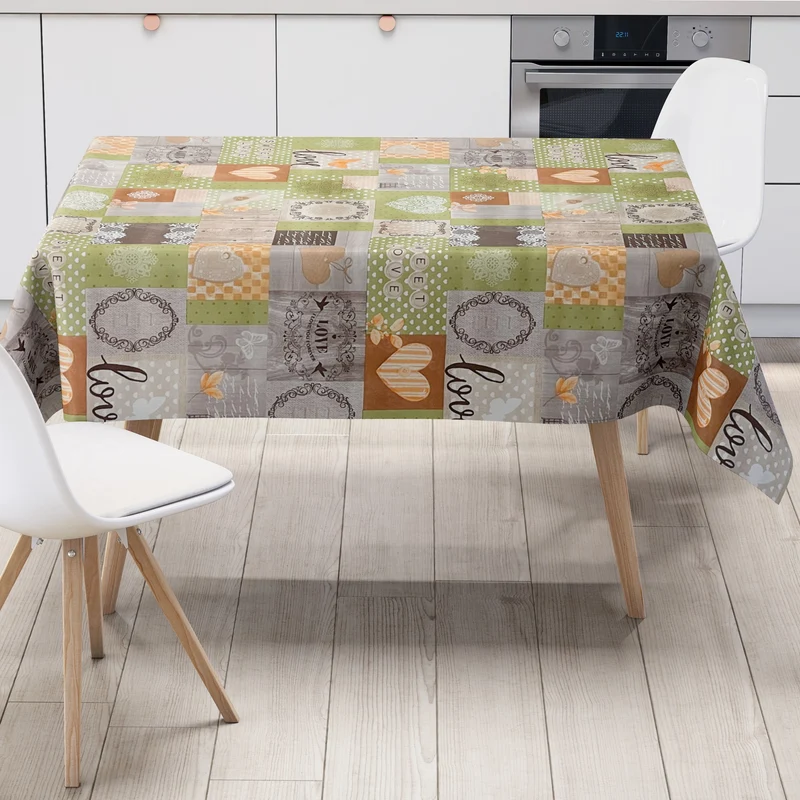 Wachstuch Tischdecke 06134-03 SWEET LOVE Herzen Holz grün eckig rund oval