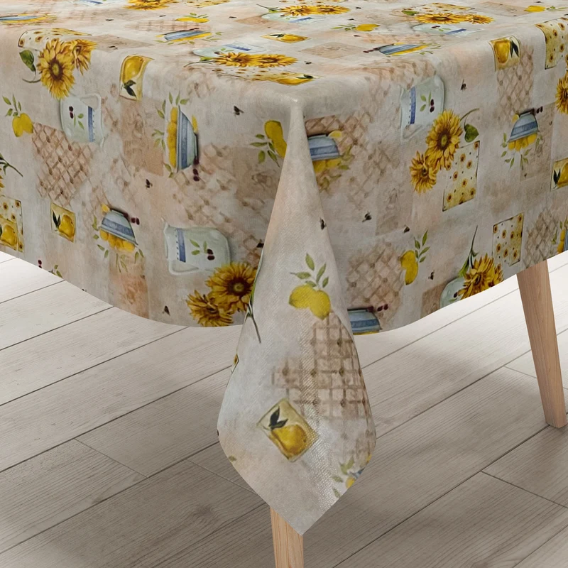 Wachstuch Tischdecke 01554-01 Sonnenblumen Bürgel Küche Zitronen beige blau eckig rund oval