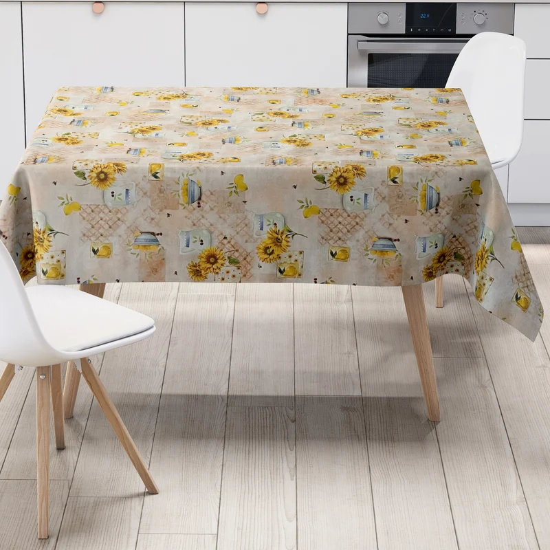 Wachstuch Tischdecke 01554-01 Sonnenblumen Bürgel Küche Zitronen beige blau eckig rund oval