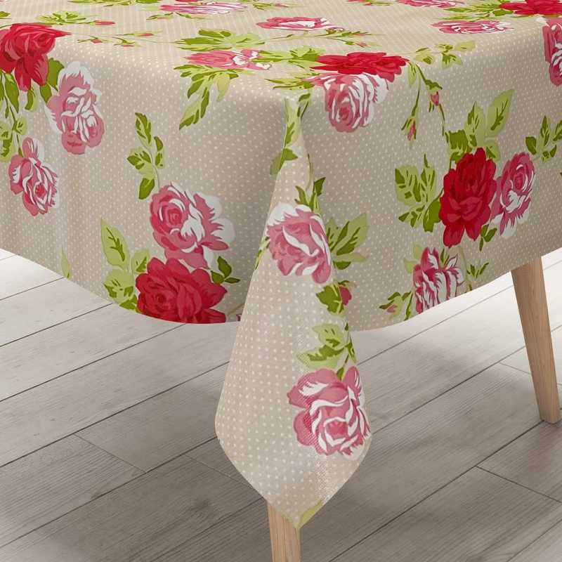 Wachstuch Tischdecke K150028 Rosenblüten Punkte beige eckig rund oval abwischbar