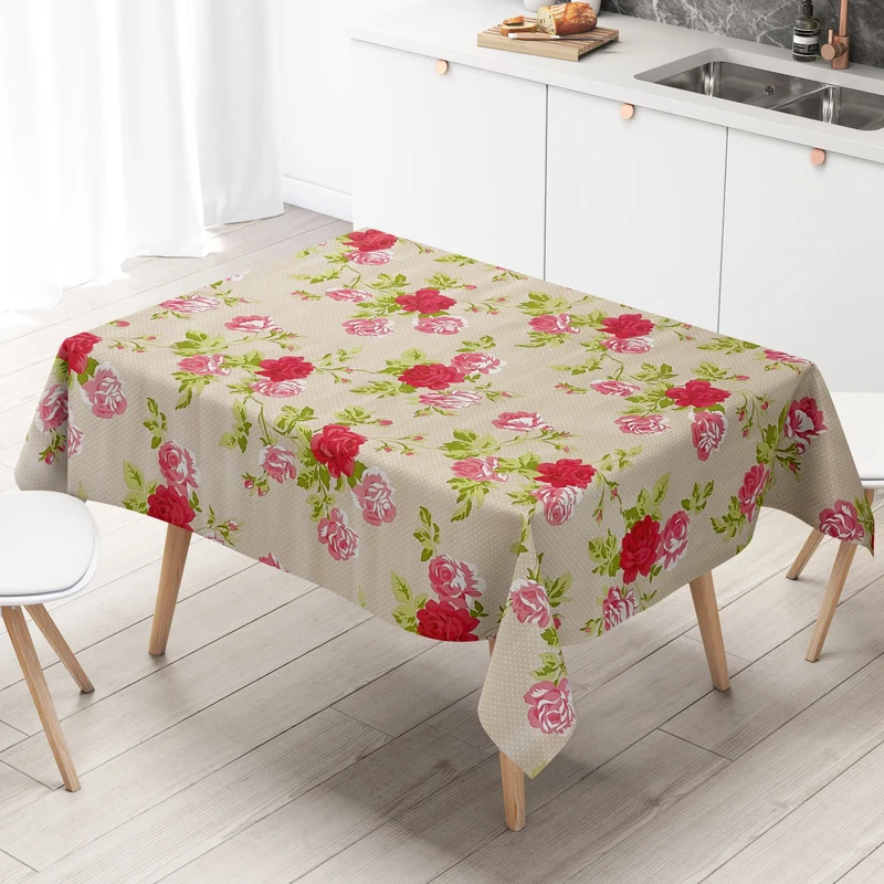 Wachstuch Tischdecke K150028 Rosenblüten Punkte beige eckig rund oval abwischbar