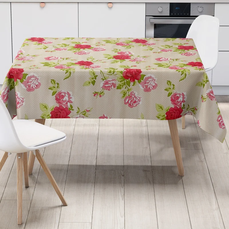 Wachstuch Tischdecke K150028 Rosenblüten Punkte beige eckig rund oval abwischbar