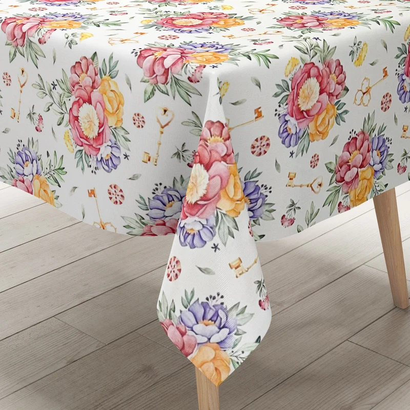 Wachstuch Tischdecke K150220 bunte Rosen Blüten auf weiss Schlüssel eckig rund oval abwischbar