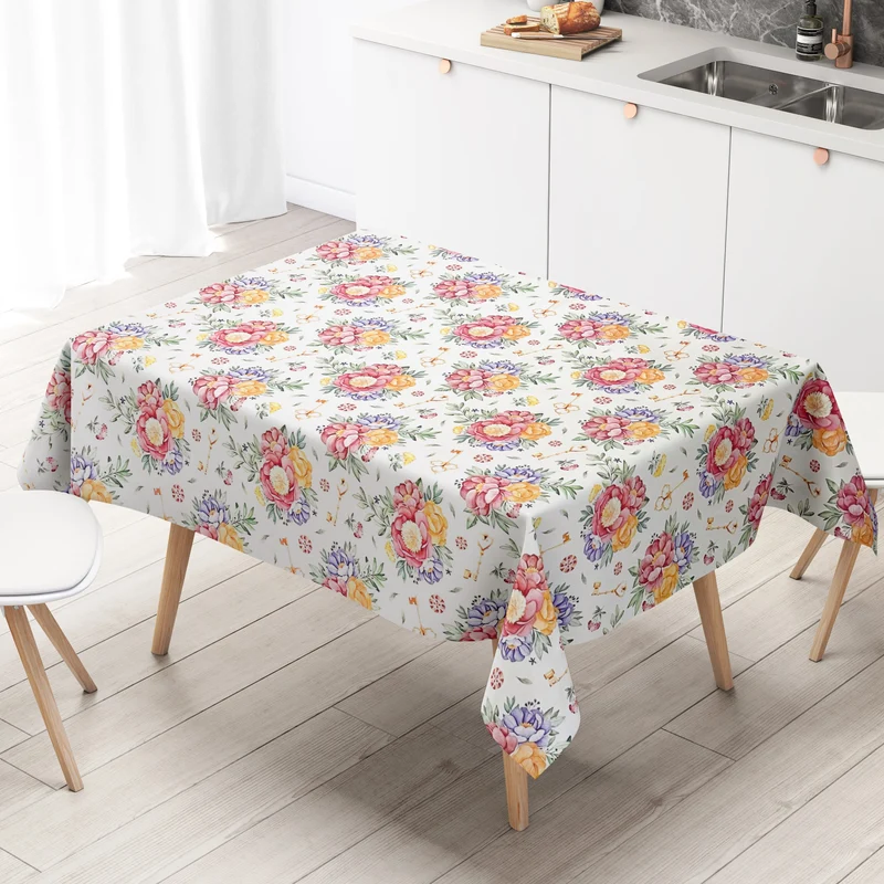 Wachstuch Tischdecke K150220 bunte Rosen Blüten auf weiss Schlüssel eckig rund oval abwischbar