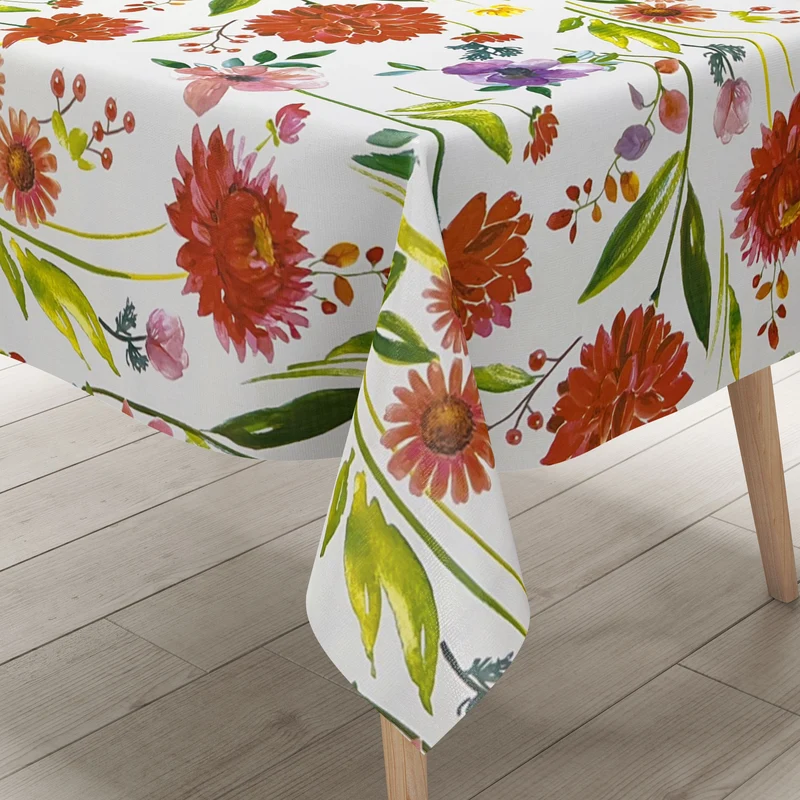 Wachstuch Tischdecke KE41610 bunte Blumen Blüten auf weiss eckig rund oval