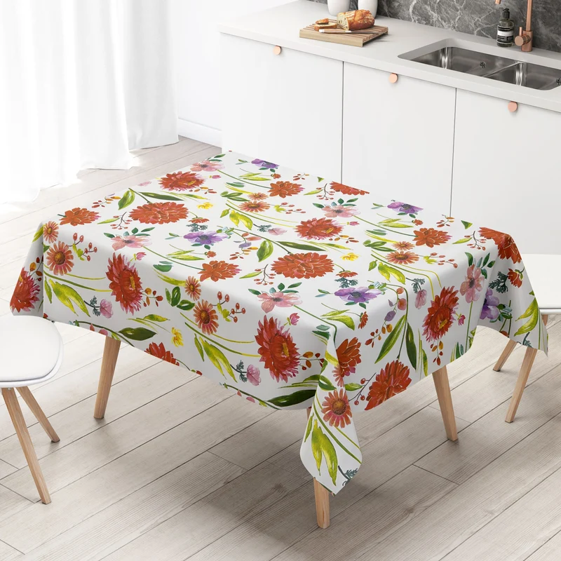 Wachstuch Tischdecke KE41610 bunte Blumen Blüten auf weiss eckig rund oval
