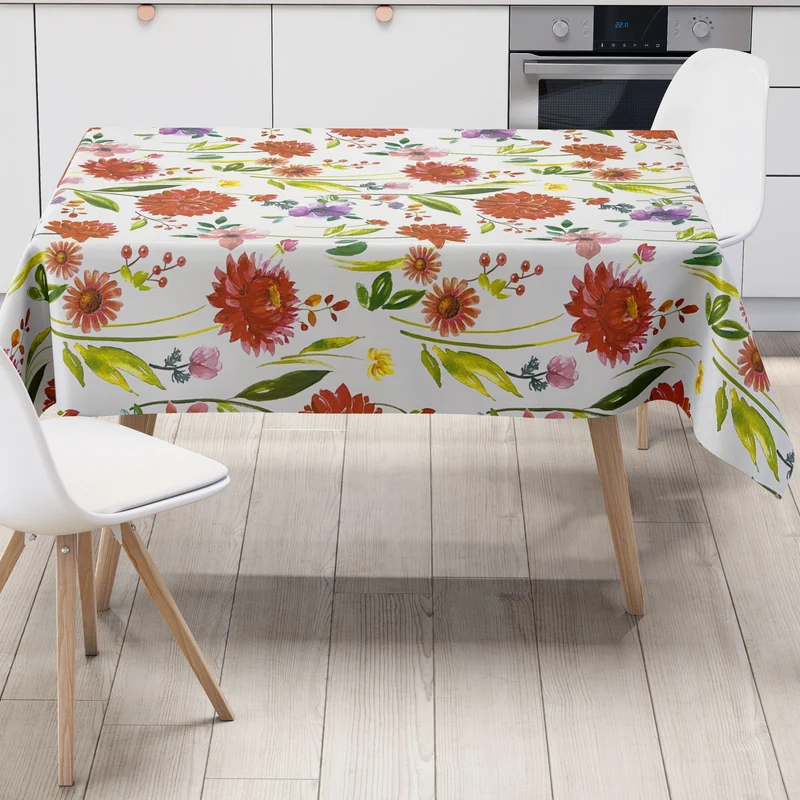 Wachstuch Tischdecke KE41610 bunte Blumen Blüten auf weiss eckig rund oval