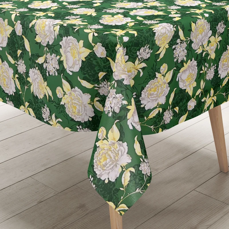Wachstuch Tischdecke KE43110 weisse Rosen Blüten auf grün eckig rund oval