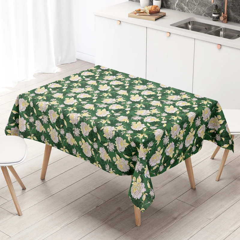Wachstuch Tischdecke KE43110 weisse Rosen Blüten auf grün eckig rund oval
