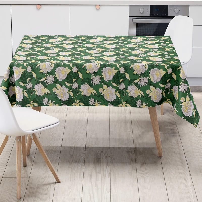 Wachstuch Tischdecke KE43110 weisse Rosen Blüten auf grün eckig rund oval