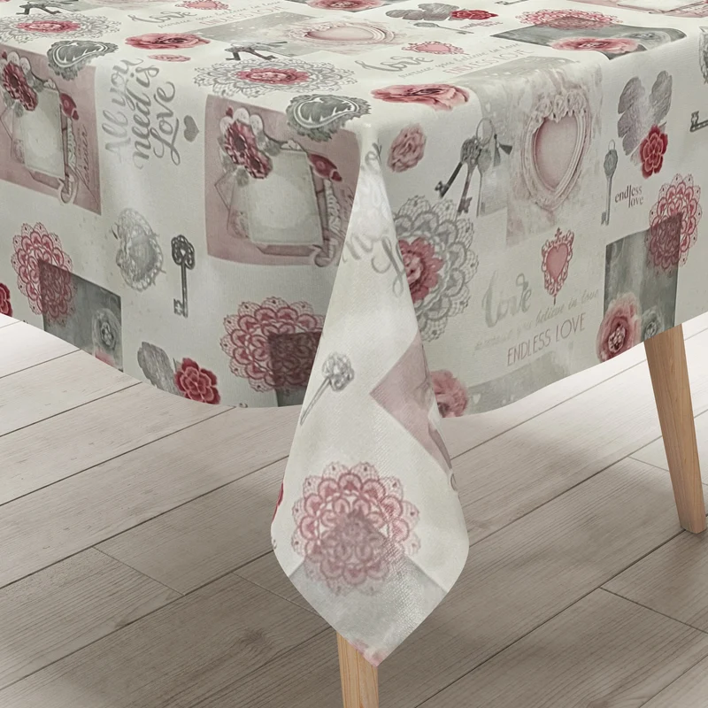 Wachstuch Tischdecke 01368-04 LOVE rosa Herzen Rosen Strick eckig rund oval