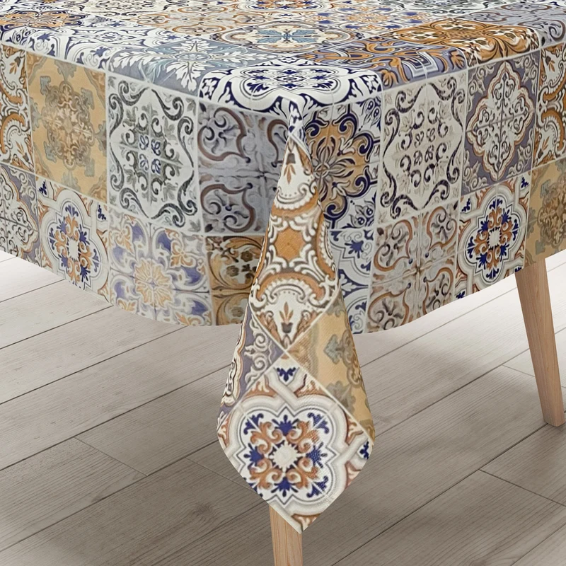 Wachstuch Tischdecke 01657-04 beige blau braun orange Fliesen Mosaik Portugal eckig rund oval