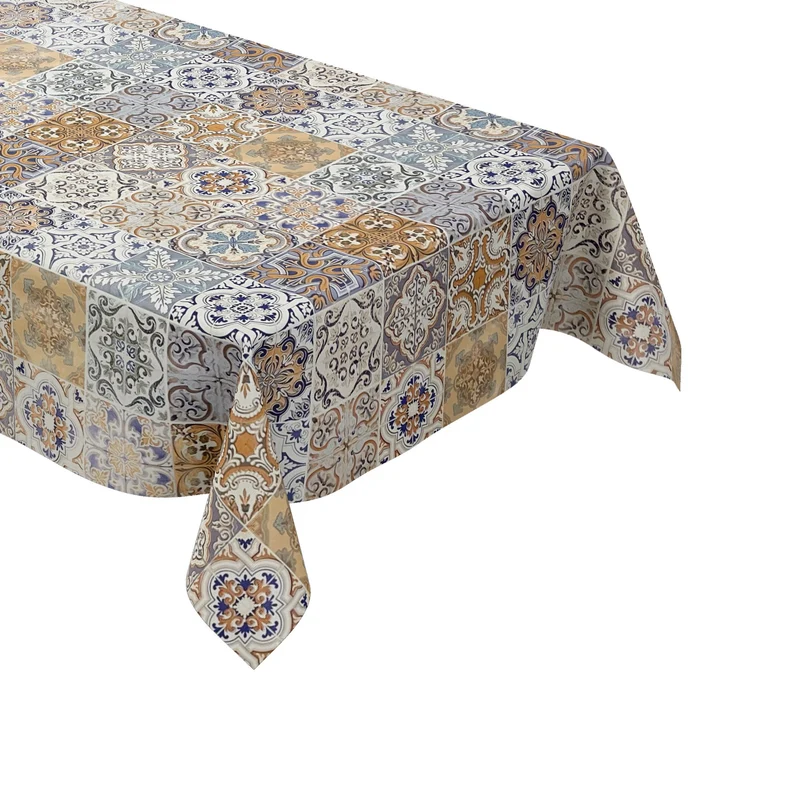 Wachstuch Tischdecke 01657-04 beige blau braun orange Fliesen Mosaik Portugal eckig rund oval