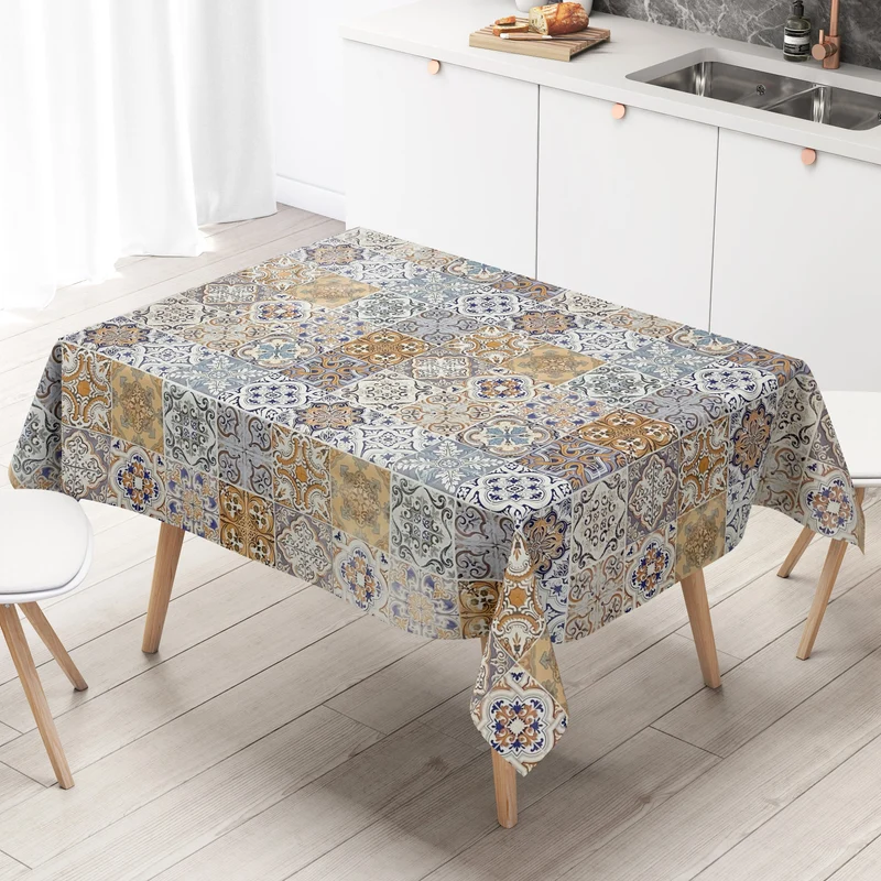 Wachstuch Tischdecke 01657-04 beige blau braun orange Fliesen Mosaik Portugal eckig rund oval