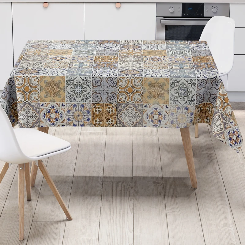 Wachstuch Tischdecke 01657-04 beige blau braun orange Fliesen Mosaik Portugal eckig rund oval