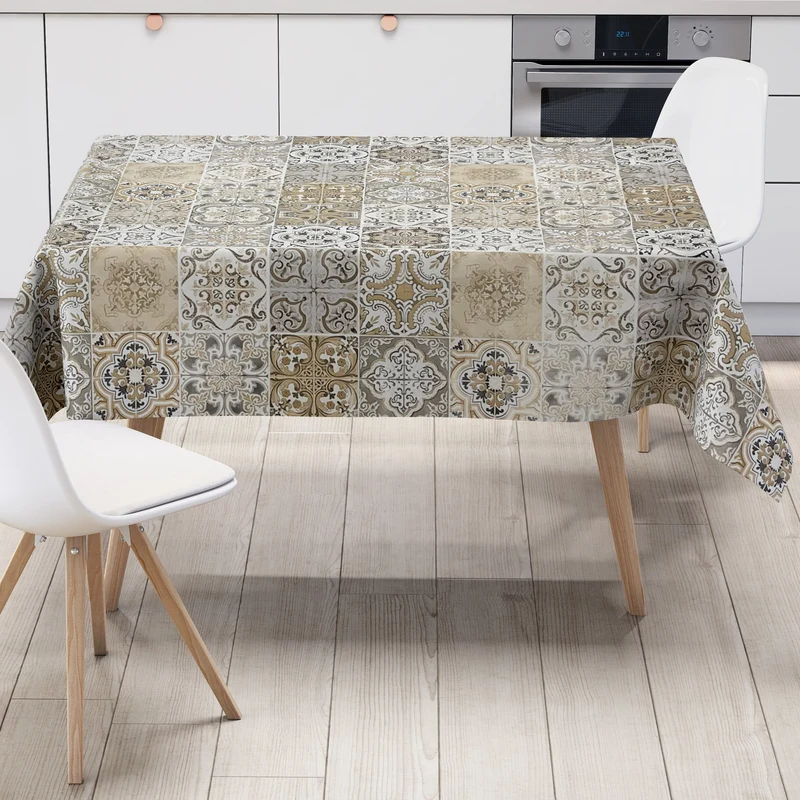 Wachstuch Tischdecke 01657-02 beige grau Fliesen Mosaik Portugal eckig rund oval
