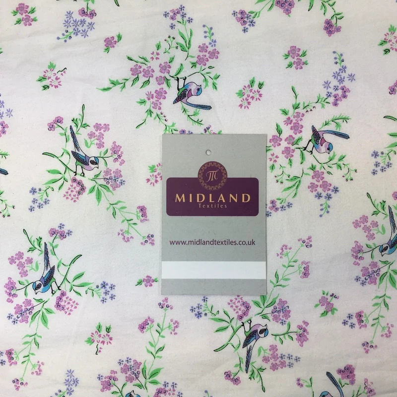 White floral bird Soft cotton printed dress fabric 55" M145-61 Mtex