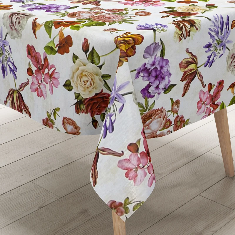 Wachstuch Tischdecke B5031-01 bunte Blüten Rosen auf weiß eckig rund oval
