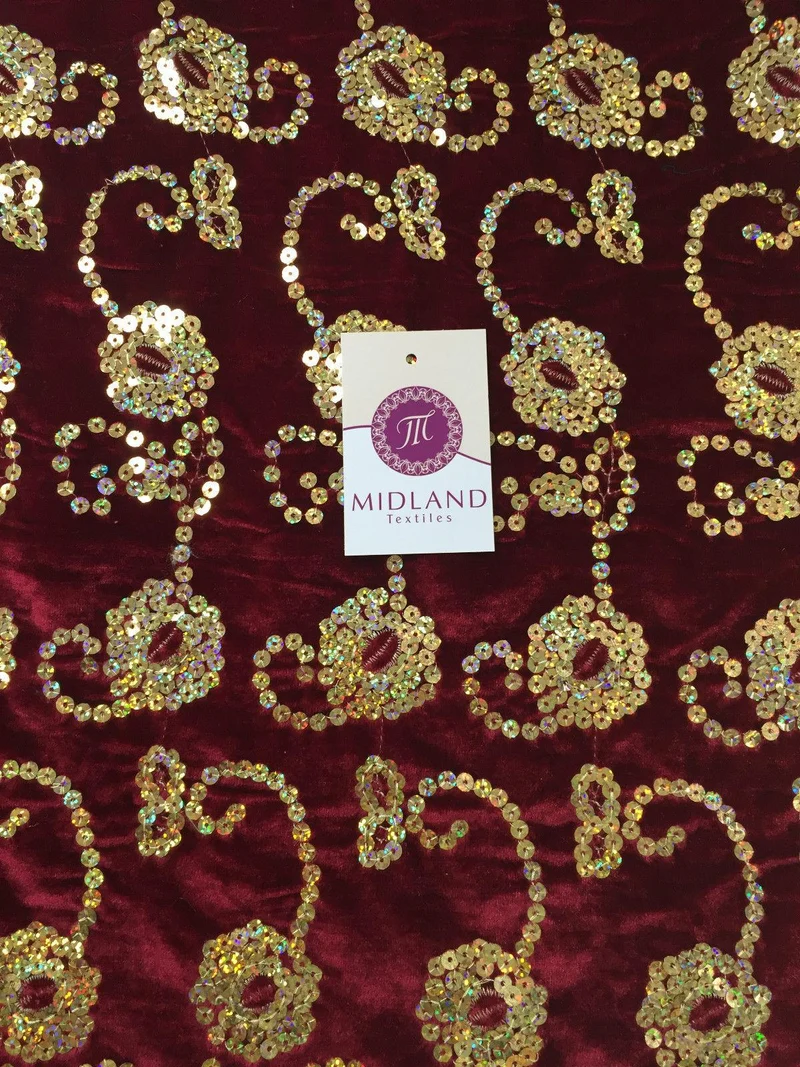 Gold Sequin Embellished Scalloped edge Micro Velvet 40" Wide M47 Mtex