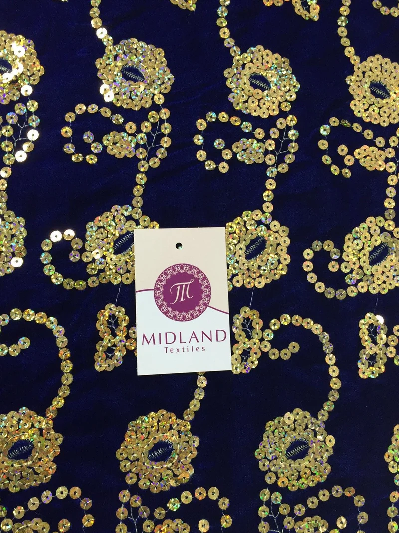 Gold Sequin Embellished Scalloped edge Micro Velvet 40" Wide M47 Mtex