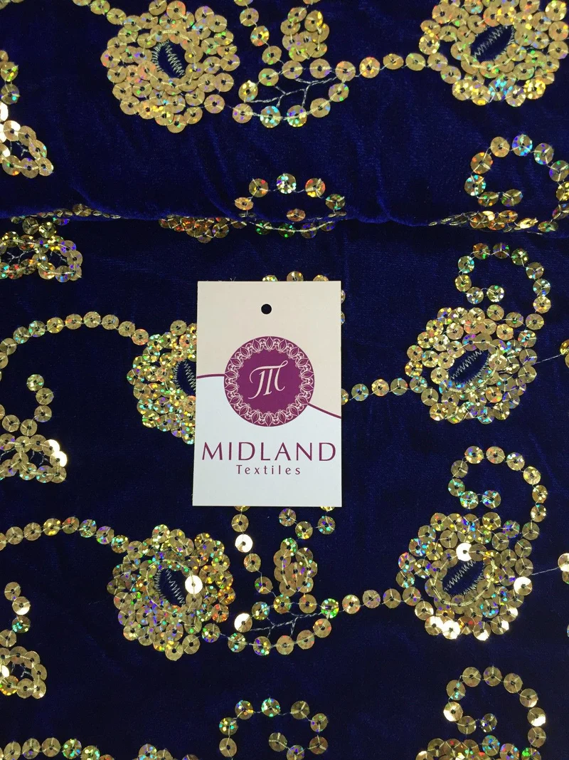 Gold Sequin Embellished Scalloped edge Micro Velvet 40" Wide M47 Mtex