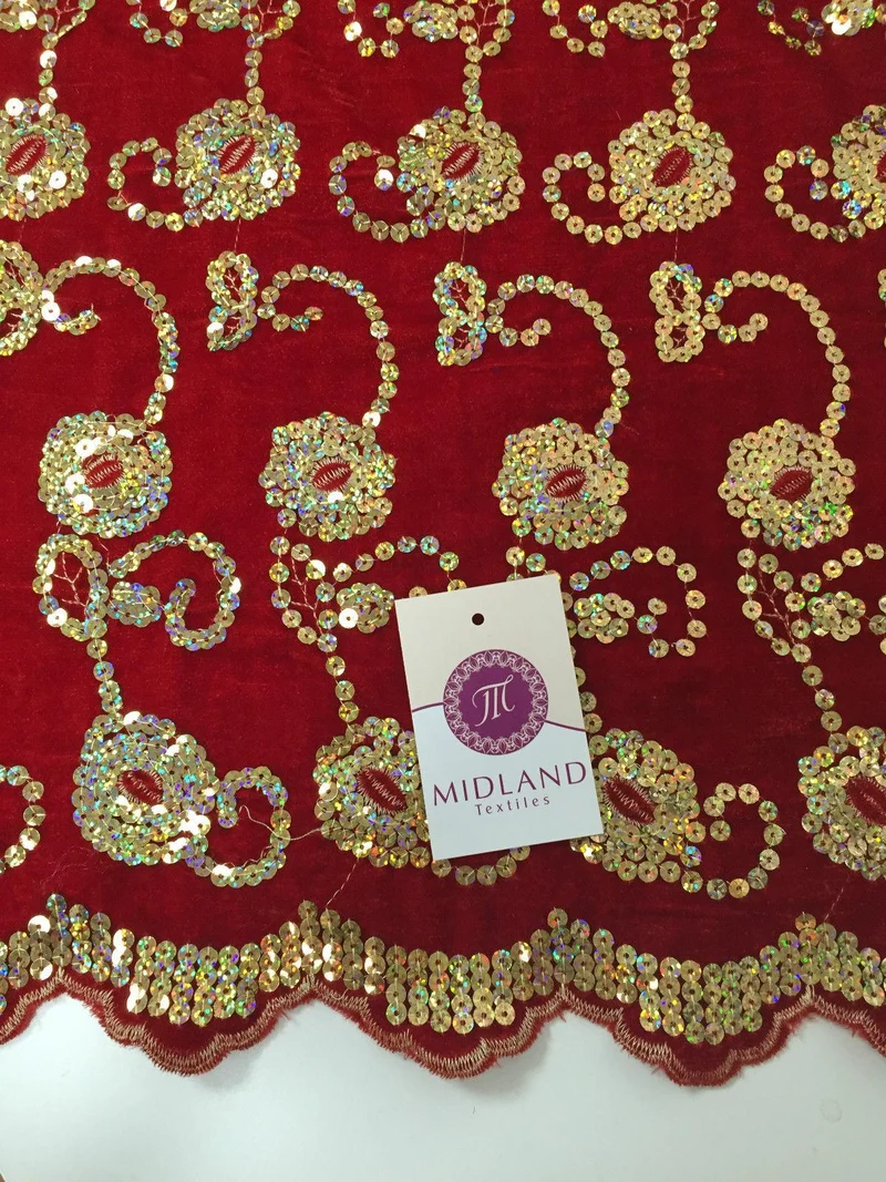 Gold Sequin Embellished Scalloped edge Micro Velvet 40" Wide M47 Mtex