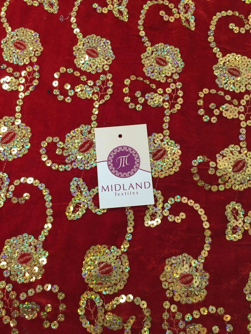 Gold Sequin Embellished Scalloped edge Micro Velvet 40" Wide M47 Mtex