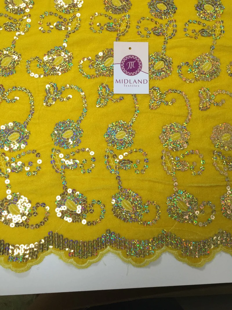 Gold Sequin Embellished Scalloped edge Micro Velvet 40" Wide M47 Mtex