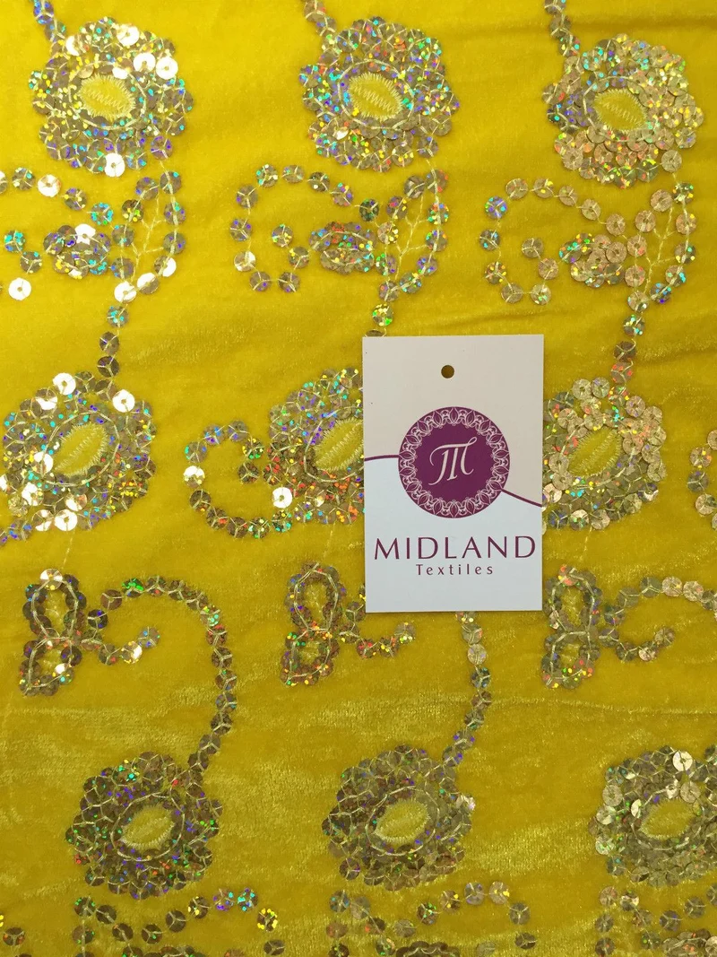 Gold Sequin Embellished Scalloped edge Micro Velvet 40" Wide M47 Mtex