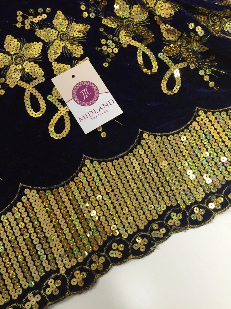Gold Sequin Embellished Scalloped edge Micro Velvet 40" Wide M47 Mtex