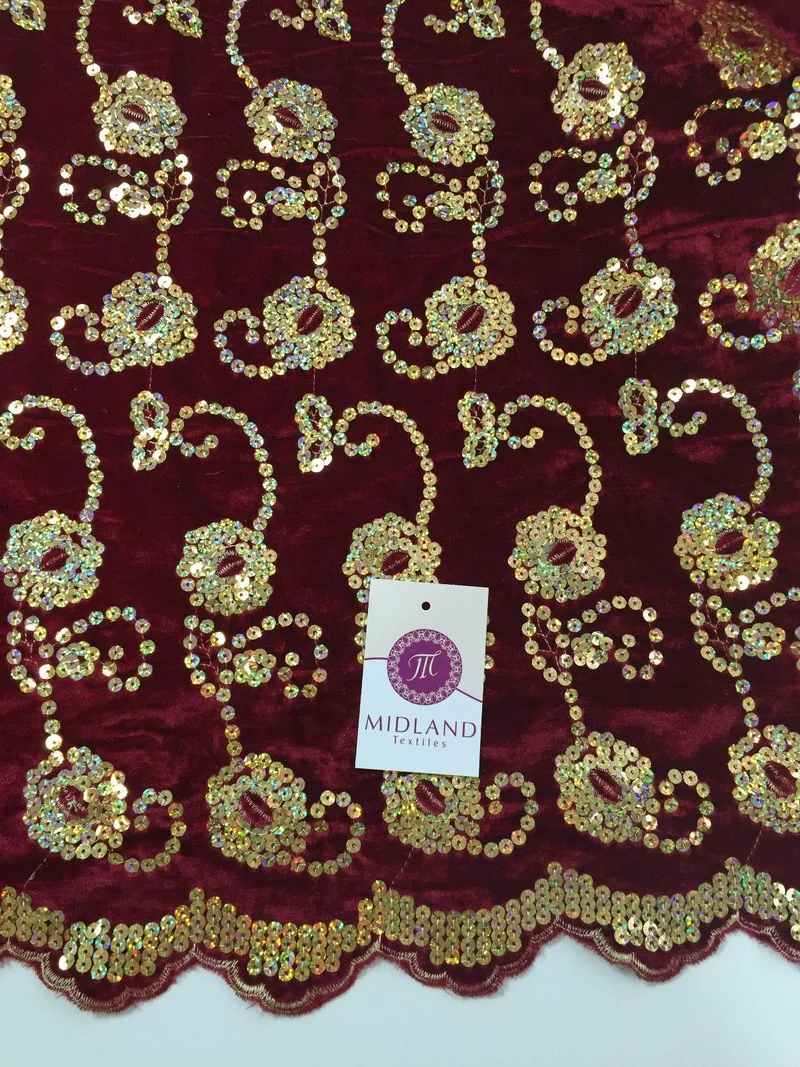 Gold Sequin Embellished Scalloped edge Micro Velvet 40" Wide M47 Mtex