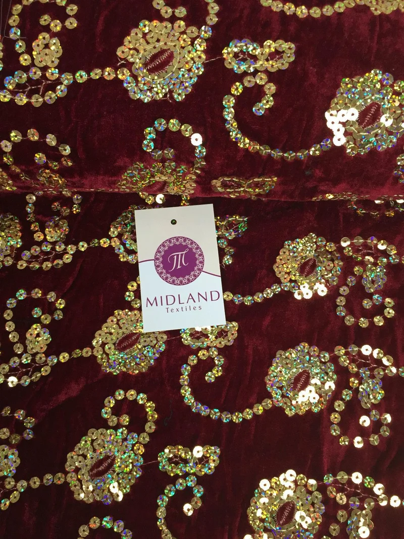 Gold Sequin Embellished Scalloped edge Micro Velvet 40" Wide M47 Mtex