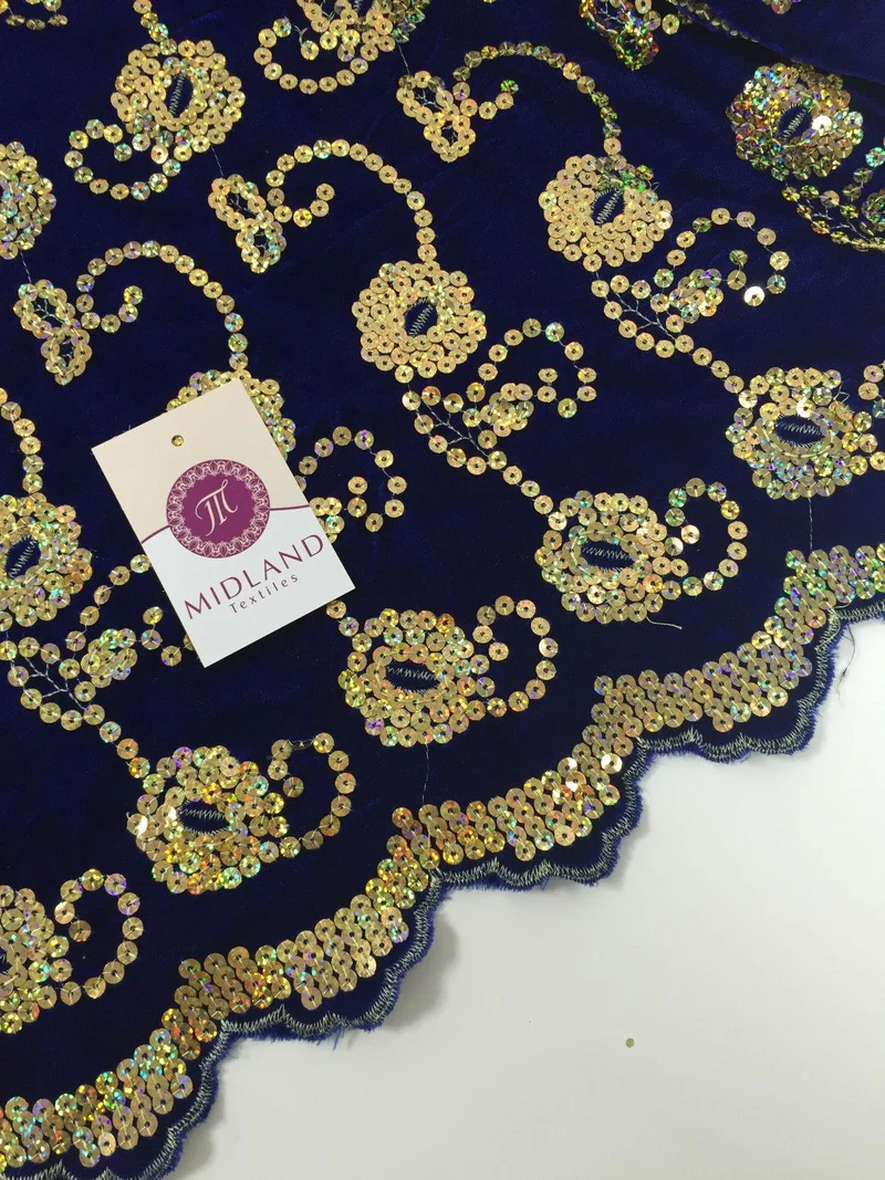 Gold Sequin Embellished Scalloped edge Micro Velvet 40" Wide M47 Mtex