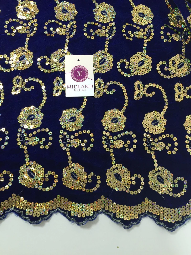 Gold Sequin Embellished Scalloped edge Micro Velvet 40" Wide M47 Mtex