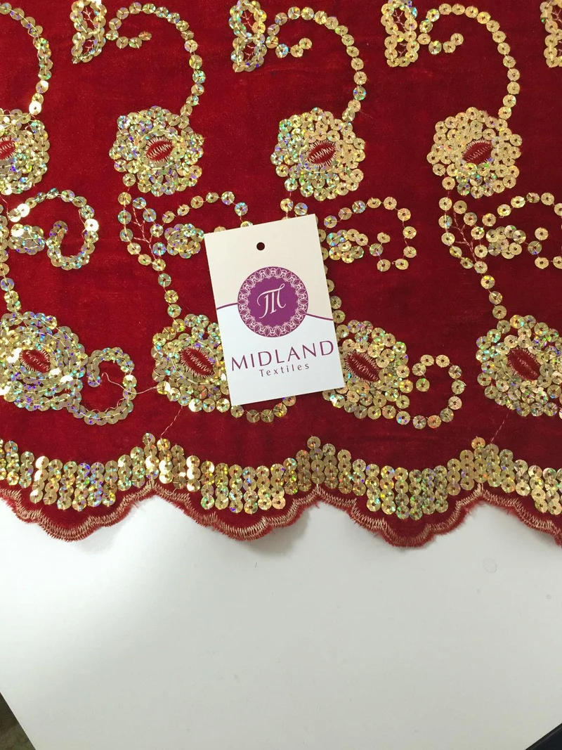 Gold Sequin Embellished Scalloped edge Micro Velvet 40" Wide M47 Mtex