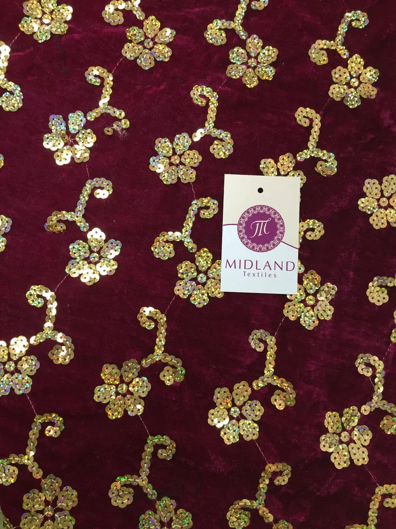 Gold Sequin Embellished Scalloped edge Micro Velvet 40" Wide M47 Mtex