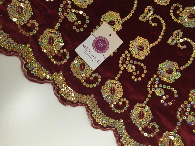 Gold Sequin Embellished Scalloped edge Micro Velvet 40" Wide M47 Mtex