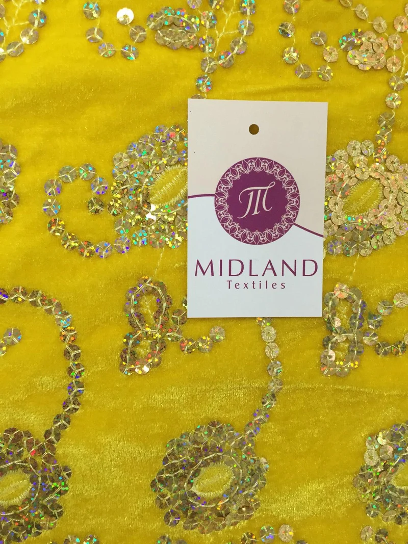 Gold Sequin Embellished Scalloped edge Micro Velvet 40" Wide M47 Mtex
