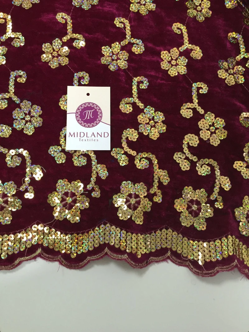 Gold Sequin Embellished Scalloped edge Micro Velvet 40" Wide M47 Mtex