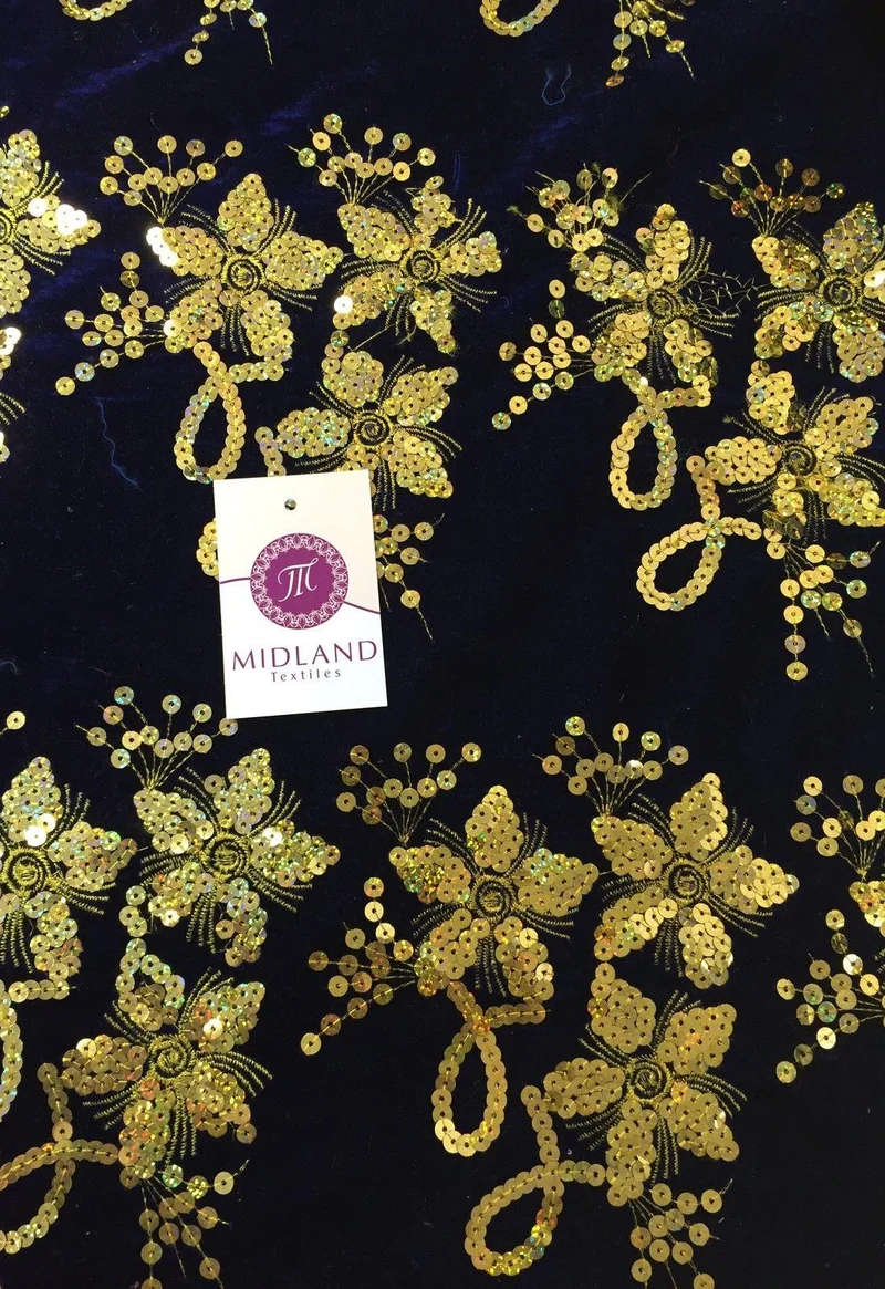 Gold Sequin Embellished Scalloped edge Micro Velvet 40" Wide M47 Mtex
