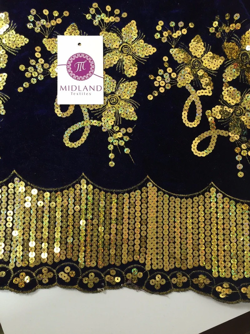 Gold Sequin Embellished Scalloped edge Micro Velvet 40" Wide M47 Mtex