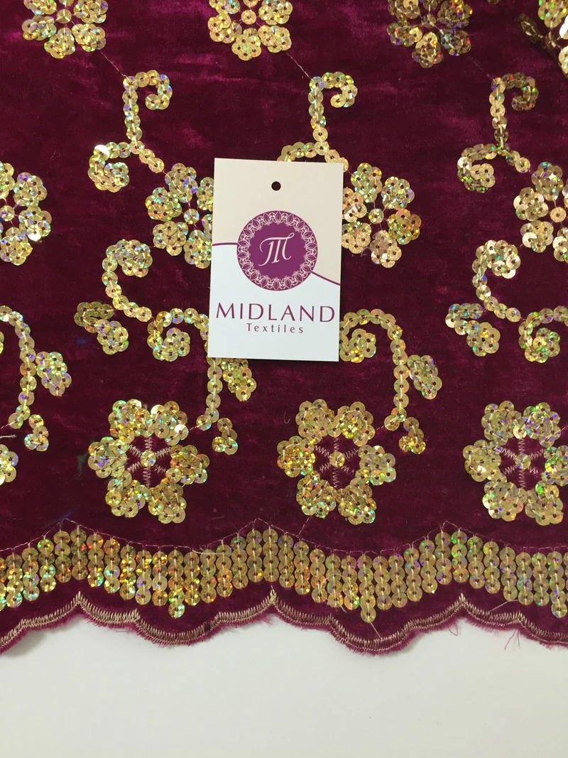 Gold Sequin Embellished Scalloped edge Micro Velvet 40" Wide M47 Mtex